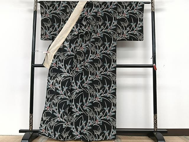 平和屋着物▽上質な小紋 単衣 草花文 黒地 正絹 逸品 CAAU3837xi