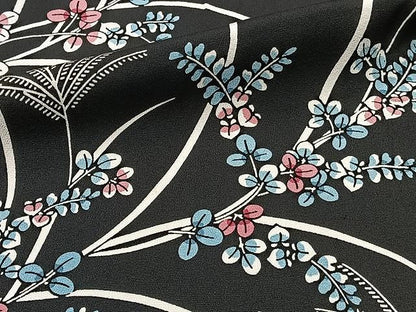 平和屋着物▽上質な小紋 単衣 草花文 黒地 正絹 逸品 CAAU3837xi