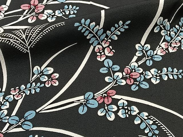 平和屋着物▽上質な小紋 単衣 草花文 黒地 正絹 逸品 CAAU3837xi
