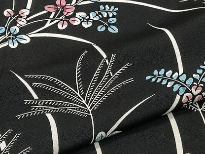 平和屋着物▽上質な小紋 単衣 草花文 黒地 正絹 逸品 CAAU3837xi