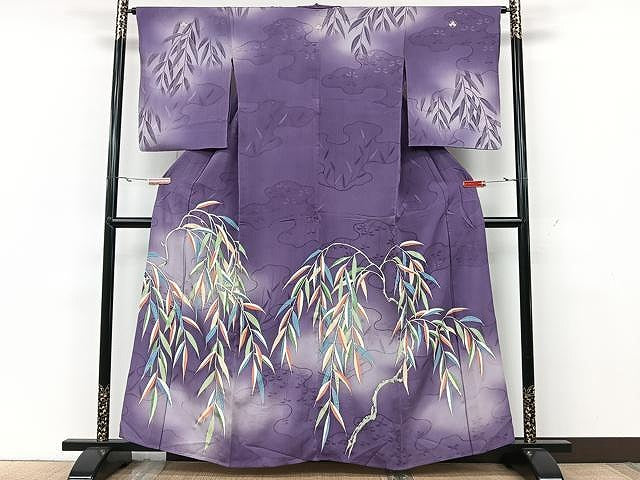 平和屋着物▽訪問着　単衣　枝垂れ柳　暈し染め　銀彩　正絹　逸品　CAAU3842xi