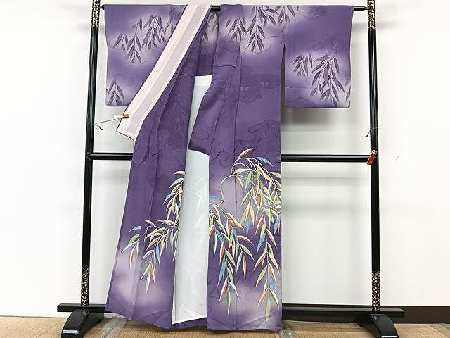 平和屋着物▽訪問着　単衣　枝垂れ柳　暈し染め　銀彩　正絹　逸品　CAAU3842xi