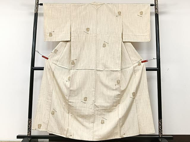平和屋着物▽上質な紬　単衣　器物文　正絹　逸品　CAAU3849xi
