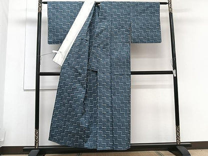 平和屋着物▽上質な紬 　単衣　 幾何学文　正絹　逸品　未使用　CAAU3851xi