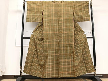 平和屋着物▽上質な紬 単衣 格子柄 正絹 逸品 CAAU3854xi