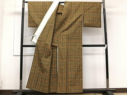平和屋着物▽上質な紬 単衣 格子柄 正絹 逸品 CAAU3854xi