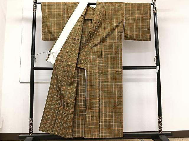 平和屋着物▽上質な紬 単衣 格子柄 正絹 逸品 CAAU3854xi