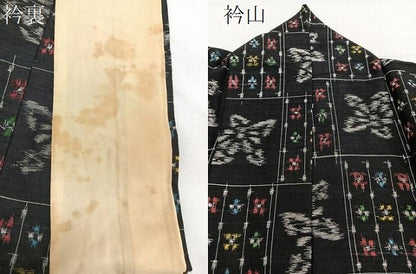 平和屋着物▽上質な紬 単衣 市松花文 黒地 正絹 逸品 CAAU3860xi