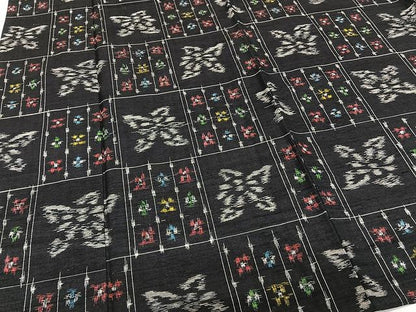 平和屋着物▽上質な紬 単衣 市松花文 黒地 正絹 逸品 CAAU3860xi