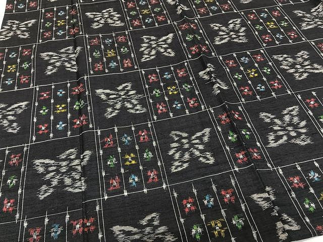 平和屋着物▽上質な紬 単衣 市松花文 黒地 正絹 逸品 CAAU3860xi