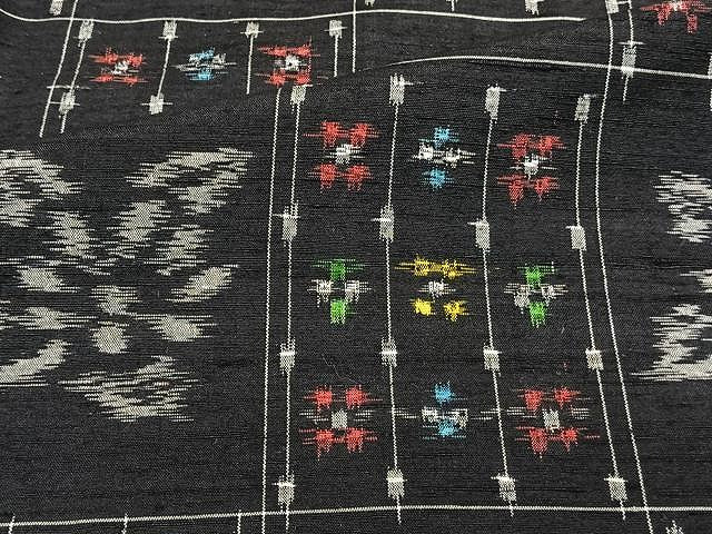 平和屋着物▽上質な紬 単衣 市松花文 黒地 正絹 逸品 CAAU3860xi