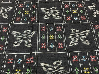 平和屋着物▽上質な紬 単衣 市松花文 黒地 正絹 逸品 CAAU3860xi