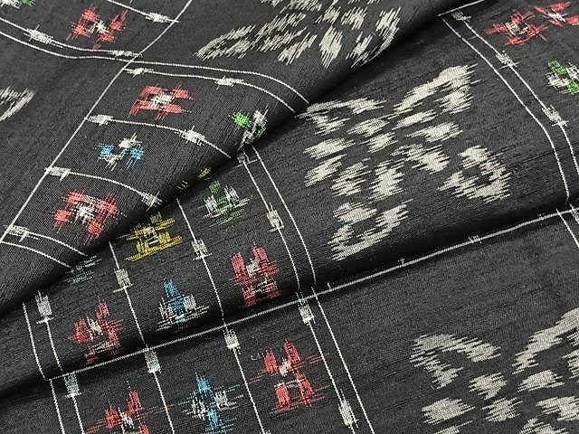 平和屋着物▽上質な紬 単衣 市松花文 黒地 正絹 逸品 CAAU3860xi