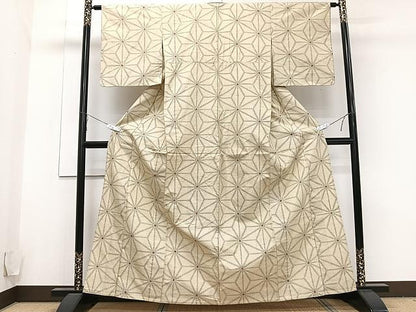 平和屋着物▽上質な紬 単衣 草の葉文 正絹 逸品 CAAU3866xi