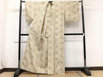 平和屋着物▽上質な紬 単衣 草の葉文 正絹 逸品 CAAU3866xi