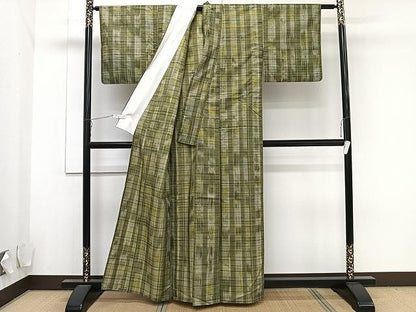 平和屋着物▽上質な紬 単衣 格子柄 正絹 逸品 CAAU3877xi