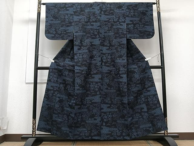 平和屋着物▽結城紬 単衣 霞草花文 正絹 逸品 CAAU3886xi