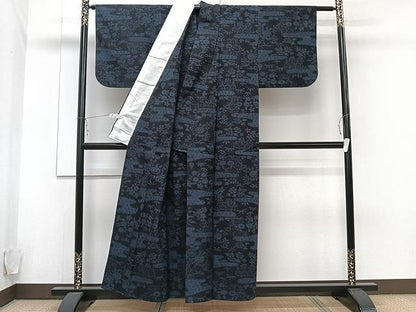 平和屋着物▽結城紬 単衣 霞草花文 正絹 逸品 CAAU3886xi