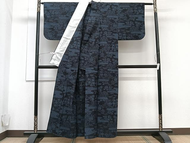 平和屋着物▽結城紬 単衣 霞草花文 正絹 逸品 CAAU3886xi