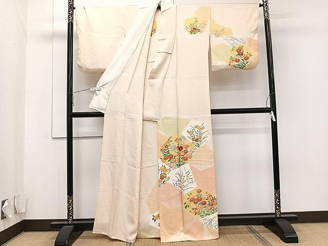 平和屋着物▽訪問着 単衣 刺繍 草花文 正絹 逸品 CAAU3887xi