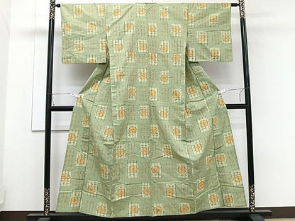 平和屋着物▽上質な紬 単衣 市松花文 正絹 逸品 CAAU3889xi