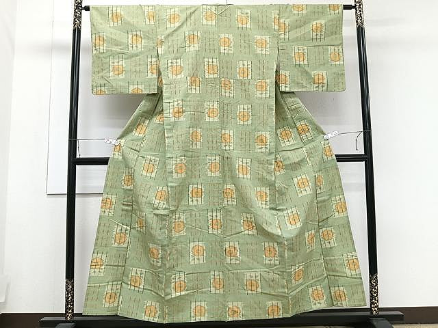 平和屋着物▽上質な紬 単衣 市松花文 正絹 逸品 CAAU3889xi