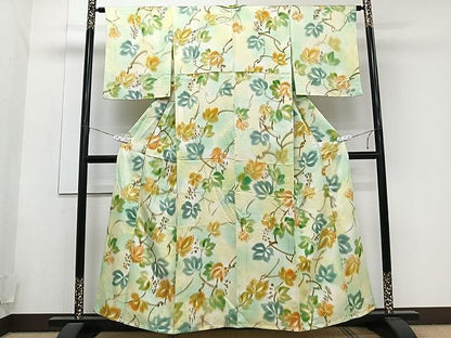 平和屋着物▽上質な小紋 単衣 手描き 葡萄蔦の葉文 暈し染め 正絹 逸品 CAAU3890xi