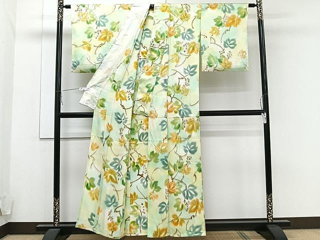 平和屋着物▽上質な小紋 単衣 手描き 葡萄蔦の葉文 暈し染め 正絹 逸品 CAAU3890xi