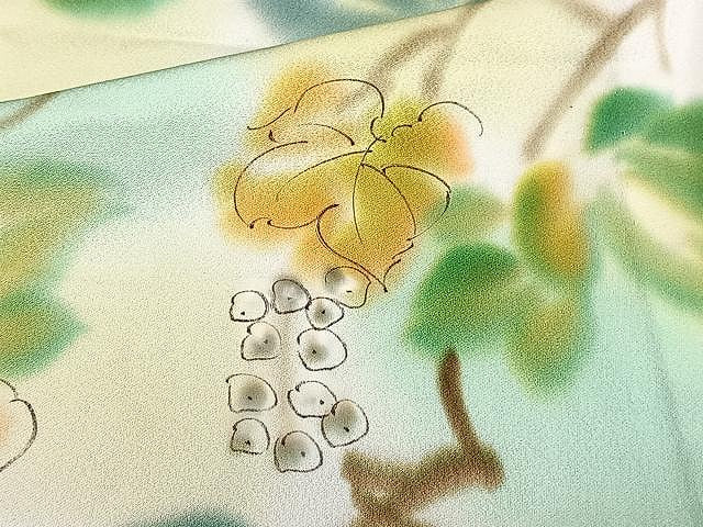平和屋着物▽上質な小紋 単衣 手描き 葡萄蔦の葉文 暈し染め 正絹 逸品 CAAU3890xi