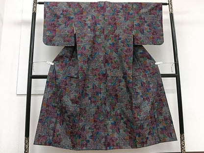平和屋着物▽上質な紬　単衣　舞葉文　正絹　逸品　CAAU3891xi
