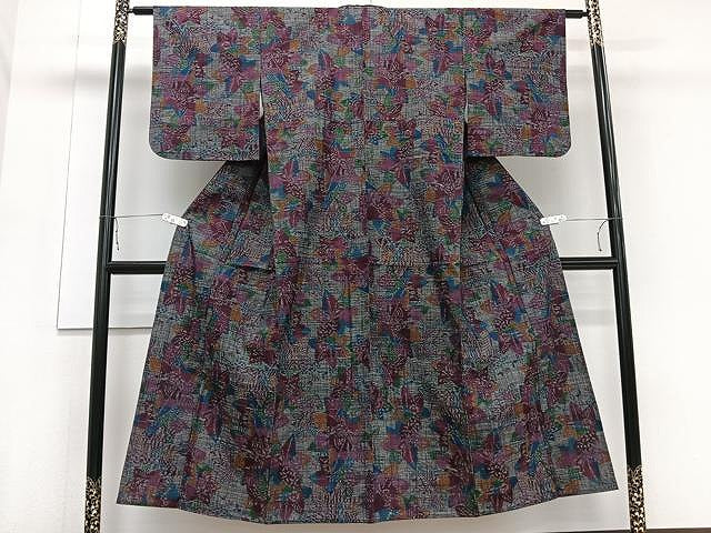 平和屋着物▽上質な紬　単衣　舞葉文　正絹　逸品　CAAU3891xi