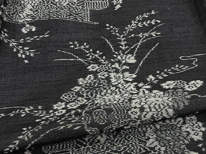 平和屋着物▽上質な紬　単衣　草花文　黒地　正絹　逸品　CAAU3900xi