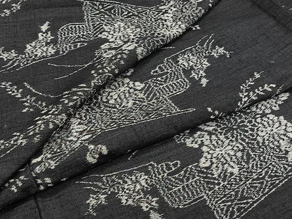 平和屋着物▽上質な紬　単衣　草花文　黒地　正絹　逸品　CAAU3900xi