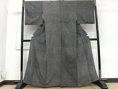 平和屋着物▽上質な紬 単衣 縞 正絹 逸品 CAAU3901xi