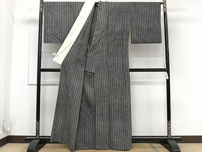平和屋着物▽上質な紬 単衣 縞 正絹 逸品 CAAU3901xi