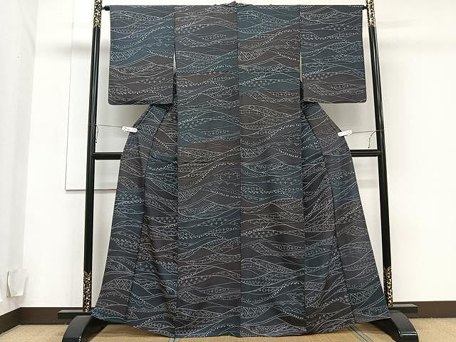 平和屋着物▽上質な小紋　単衣　紬地　草花吉祥文　正絹　逸品　CAAU3907xi