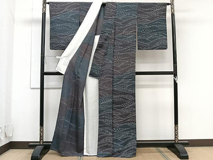 平和屋着物▽上質な小紋　単衣　紬地　草花吉祥文　正絹　逸品　CAAU3907xi