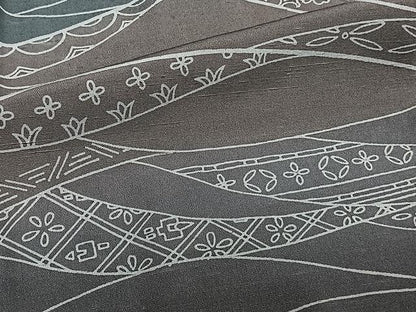 平和屋着物▽上質な小紋　単衣　紬地　草花吉祥文　正絹　逸品　CAAU3907xi
