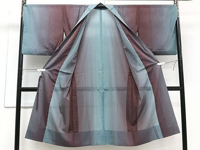 平和屋着物▽スリーシーズン　春夏秋　塵除け　道中着　ロング丈　縞文紗　暈し染め　正絹　逸品　CAAU3909xi