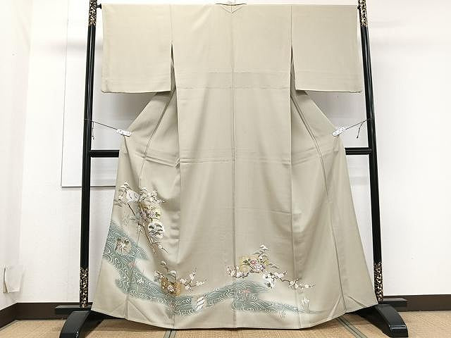 平和屋着物▽色留訪問着 単衣 駒刺繍 流水草花文 金彩 正絹 逸品 CAAU3910xi
