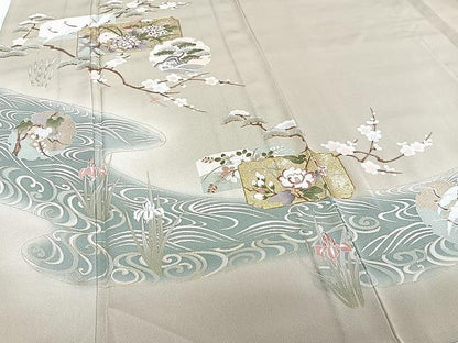 平和屋着物▽色留訪問着 単衣 駒刺繍 流水草花文 金彩 正絹 逸品 CAAU3910xi