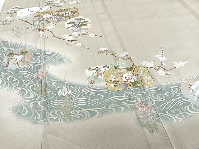 平和屋着物▽色留訪問着 単衣 駒刺繍 流水草花文 金彩 正絹 逸品 CAAU3910xi