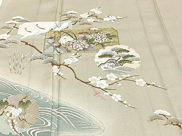 平和屋着物▽色留訪問着 単衣 駒刺繍 流水草花文 金彩 正絹 逸品 CAAU3910xi