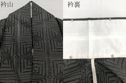 平和屋着物▽上質な紬 単衣 幾何学文 黒地 正絹 逸品 CAAU3912xi