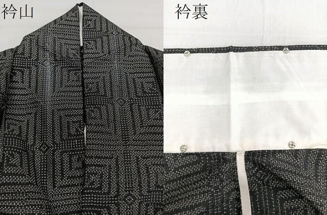 平和屋着物▽上質な紬 単衣 幾何学文 黒地 正絹 逸品 CAAU3912xi