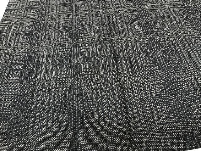 平和屋着物▽上質な紬 単衣 幾何学文 黒地 正絹 逸品 CAAU3912xi