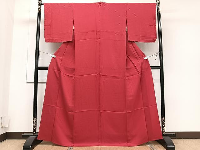 平和屋着物▽上質な色無地 単衣 鱗地紋 赤紅色 やまと誂製 正絹 逸品 未使用 CAAU3918xi