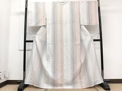 平和屋着物▽本塩沢 単衣 縞 正絹 逸品 CAAU3920xi