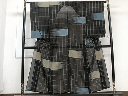 平和屋着物▽上質なお召 単衣 霞格子文 黒地 正絹 逸品 未使用 CAAU3927xi