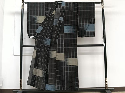 平和屋着物▽上質なお召 単衣 霞格子文 黒地 正絹 逸品 未使用 CAAU3927xi